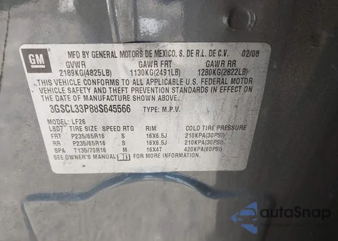 2008 Saturn Vue 4-Cyl Xe z USA, uszkodzony, nr VIN 3GSCL33P88S645566
